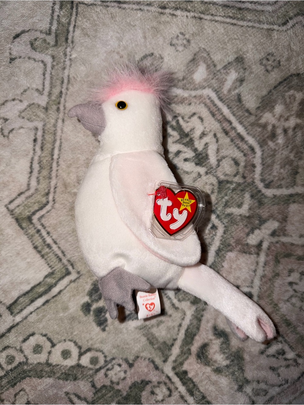 Kuku Ty beanie baby White Plush Cockatoo with Pink Crest and Gray Beak